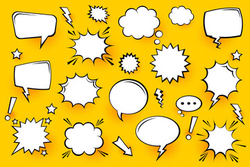 Blank comic speech bubbles with halftone shadows on yellow background. Hand drawn retro cartoon stickers. Pop art style. Vector illustration.