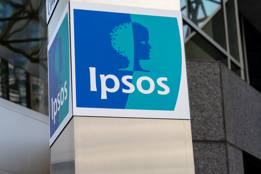 Toronto, Canada- April 10, 2021: A Ipsos sign is seen outside of their office building in Toronto, Canada. Ipsos Group S.A. is a multinational market research with headquarters in Paris.