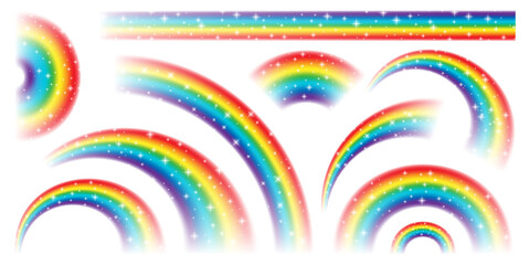 Colorful realistic rainbow collection isolated on white background. Shiny stars with glitter effect. Vector illustration.