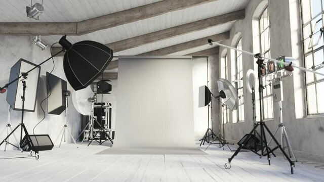 Photo studio interior with equipment. Interior of photo studio with professional equipment. Empty photo studio. 3d visualization
