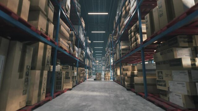Turning on the lights in the warehouse. Logistic distribution industrial interior. 3d animation