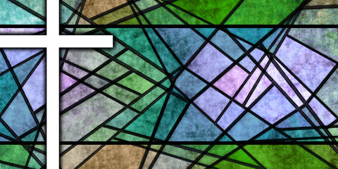 white cross on modern, complex stained glass background