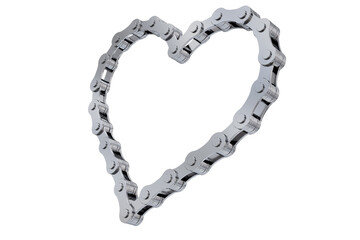 Bicycle chain in the shape of a heart isolated on white background. Close-up, high detail. Realistic 3D rendering
