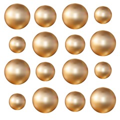 Gold beads isolated on white background close up. Gold ball with a metallic sheen effect. Realistic chrome sphere 3d. Set of gold beads for trendy designs and jewelry.