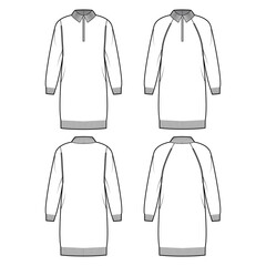 Set of dresses Zip-up Sweaters technical fashion illustration with rib henley neck, classic collar, long raglan sleeves, oversized, knit trim. Flat apparel front, back, white color. Women CAD mockup