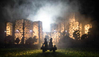 Obraz premium Cartoon style city buildings. Realistic city building miniatures with lights. background.