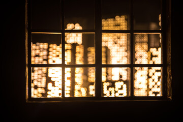 look through a window and city night view. Realistic dollhouse window and city miniature