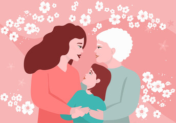 A family of women, mother, grandmother, daughter hug each other against the background of spring cherry blossoms. The concept of motherhood, love, care of different generations. Vector graphics.
