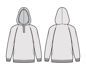 Hooded Sweater technical fashion illustration with rib henley neck, long raglan sleeves, oversized, hip length, knit rib trim. Flat apparel front, back, grey color style. Women, men unisex CAD mockup