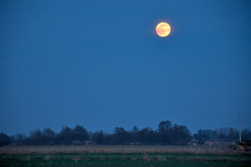 full moon over the village, view of the field at dusk