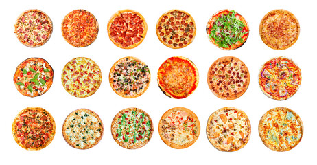 Fresh tasty pizza collage set on white background. Big set of pizzas. Top view