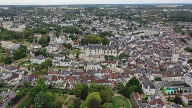  Flight over the city Loches and the Royal castle Loches on summer day. France