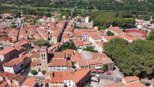 Aerial view of commune Millas in Pyrenees-Orientales, southern France. High quality 4k footage