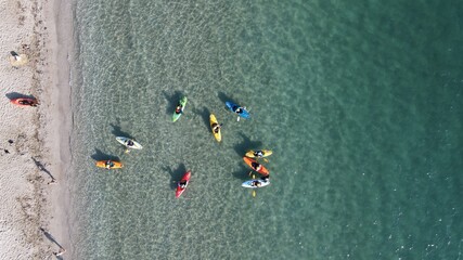group of canoes in the sea of drepanos beach igoumenitsa city 4th july 2020 greece