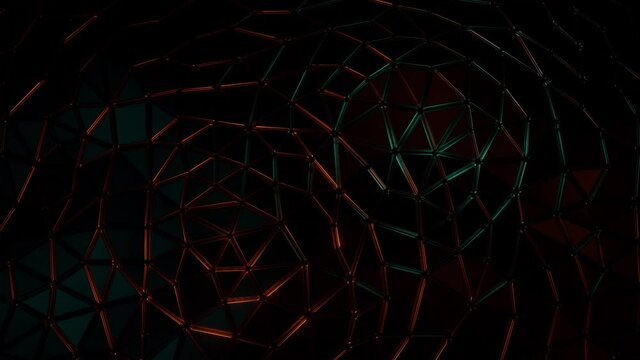 Light shining through a dark triangulated surface. 3D animation.