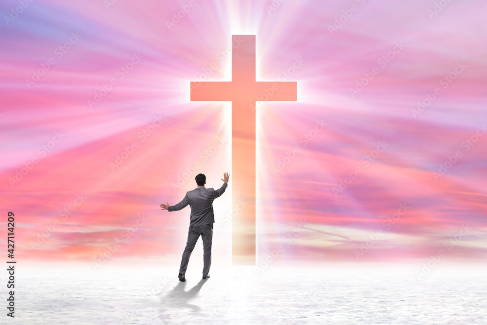 Wall mural religious concept with cross and lonely man - Wall murals