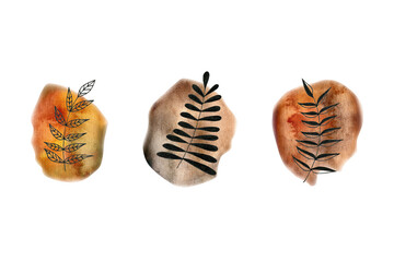 Collection of watercolor illustrations in boho style. For posters, decor, design. 