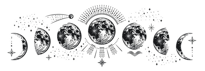 Moon phases of the planet with decorative elements. Astrology or the astronomical space of the galaxy. Stars, radiance.