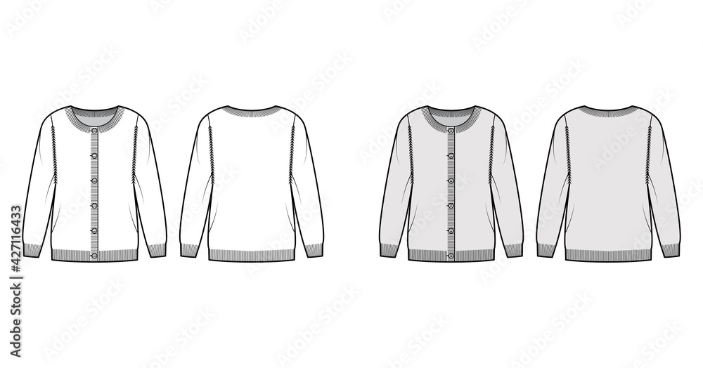 Wall mural Round neck cardigan technical fashion illustration with button closure, long sleeves, oversized, hip length. Flat Sweater apparel front, back, white grey color style. Women, men unisex CAD mockup - Wall murals