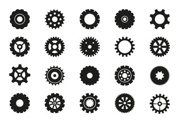 Black machine gears set. Transmission cog wheels and gear icons isolated on white background. Cogwheels and cogs collection. Various design elements of gears. Vector illustration
