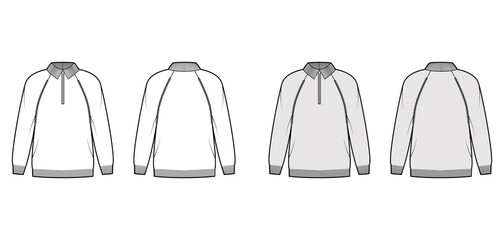 Zip-up Sweater technical fashion illustration with classic collar, long raglan sleeves, oversized, hip length, knit rib trim. Flat apparel front, back, white grey color style. Women, unisex CAD mockup