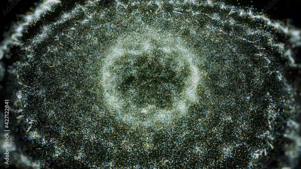 Poster abstract cloud of green and white particles transforming into a spiral and getting smaller. animatio
