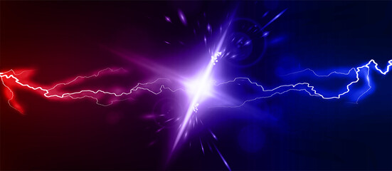 Lightning collision red and blue background, versus banner. Powerful colored lightnings and the flash from the collision. Confrontation concept, competition vs match game. Versus battle. Vector  - obrazy, fototapety, plakaty