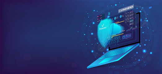 Laptop with shield, Cyber Security concept. 3D laptop and cloud data under the protection. Cybersecurity, antivirus, encryption, data protection. Software development. Safety internet technology