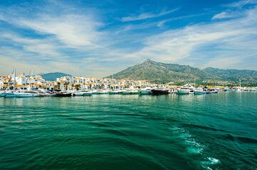 View of Puerto Banes Marina and town on the Costa del Sol, Spain