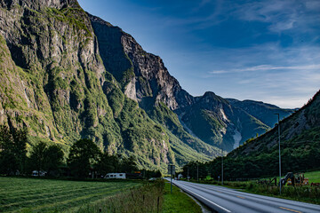 Viking Valley between the mountains in Norway with E16 panoramatic road during sunny day