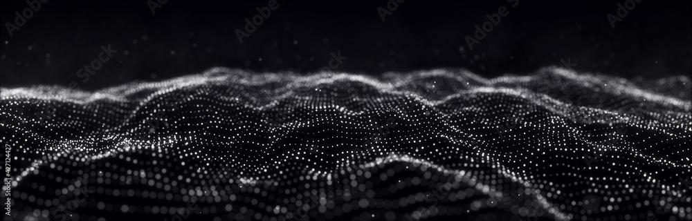 Poster Wave of particles. Dynamic wave on black background. Big data visualization. Data technology abstract futuristic illustration. 3d rendering.