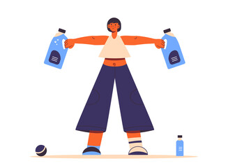 Woman do lifting exercise with improvised kettlebells made from bottle of water. Weight training. Sport at home during covid-19 lockdown. Healthy lifestyle. Isolated on white flat vector.