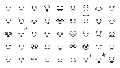 Emoji cartoon black line set. Vector flat emoticon collection isolated on white. World emoji day. Mood and facial smiles. Funny, angry, happy and sad faces web icons for message.
