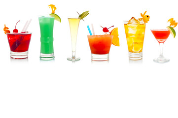 bright colored cocktails on white background