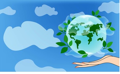 Vector background to Earth Day. Female hand and globe. Flat cartoon style on a blue background. Vector disign with clouds and text bubble. Concept: protect the planet, nature.