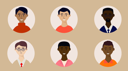 Set of round cartoon portraits.Male character faces.Set of young diverse men avatar flat vector illustration.
