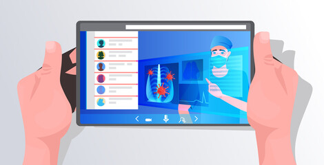 hans using tablet with doctor in mask examining x-ray viral pneumonia symptom coronavirus cells on screen