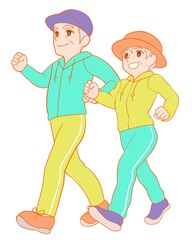 ウォーキングするシニア夫婦のイラスト