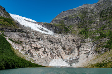 Briksdalsbreen arm of Jostedalsbreen Glacier actual state in 2019, Jostedalsbreen National Park, Norway