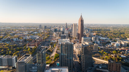 High-altitude aerial landscape shot facing the northside of downtown Atlanta, Georgia.