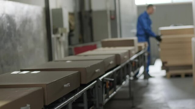 Post warehouse. Parcels move along a conveyor belt 