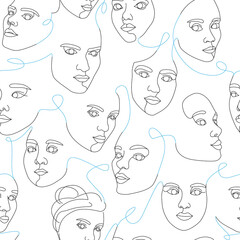 Seamless pattern of female faces drawn with one continuous line. Minimalistic abstract portraits of beautyful women. Modern fashion concept. Sketch on white background