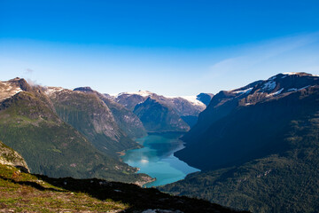 Norway - Amazing view of Loen lake and valley from the top of Loen Skylift, Hoven.