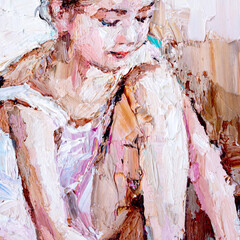 Fragment of oil painting, palette knife technique and brush.  Young girl, ballerina in the white tutu, tying pointe shoes. Background created with expressive strokes in bright colors.