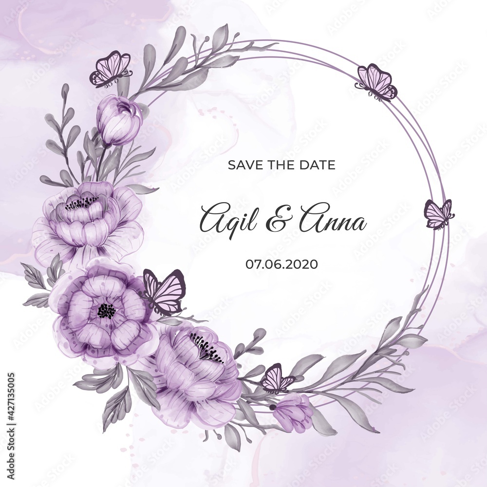 Wall mural classic circle purple flower wreath frame invitation card