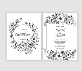Modern wedding invitation with beautiful line art brown flower