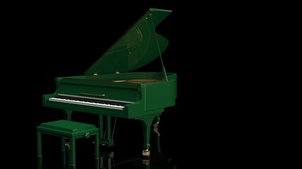 Green-Gold Grand Piano under black background. 3D illustration. 3D high quality rendering. 3D CG.