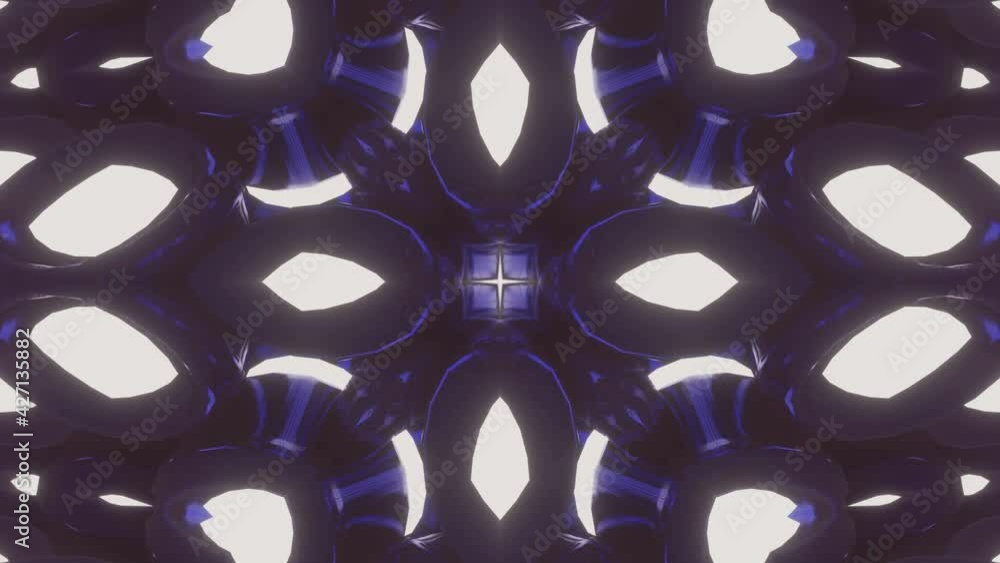 Poster animated abstract kaleidoscope patterns of glowing moving circles. looped background. 3d render