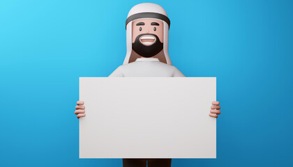 Happy muslim man with blank screen, empty board, 3d rendering.