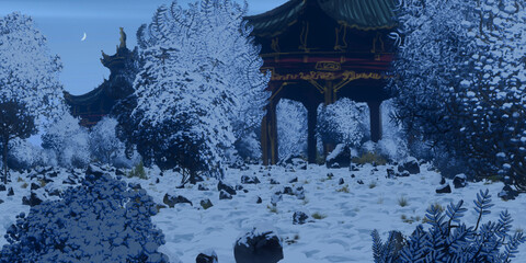 Chinese style structures. Digitally painted world. Colorful artistic scenery. Beautiful landscape. 3D illustration.